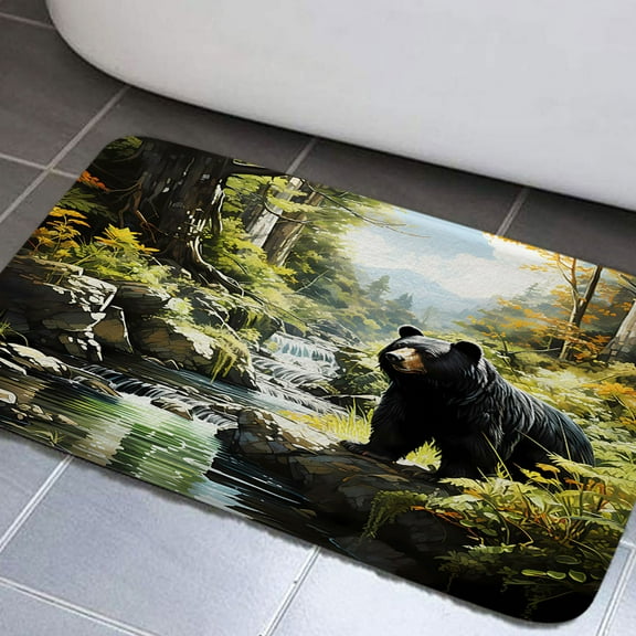 Bear Bathroom Rugs, Country Hunting Non-Slip Bath Rugs Wild Animal Lodge Green Forest Bathroom Rugs Set Adventure Woodland Cabin Farmhouse Cabin Bathroom Rug Mat 19X31inch, Absorbent Bath Rugs
