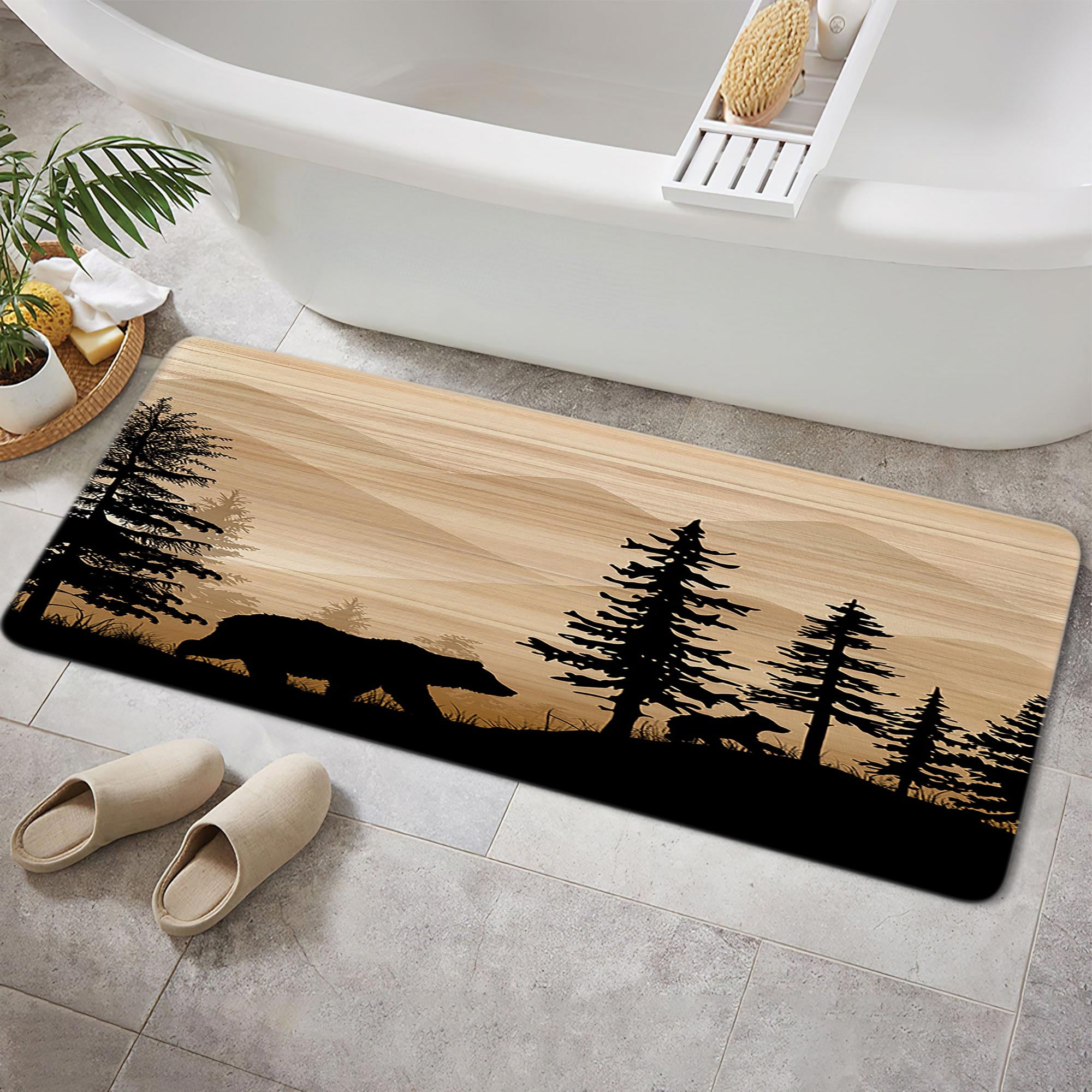 Bear Bathroom Rugs, Farmhouse Country Antique Deer Moose Forest Vintage Wood Decor Non Slip Bath Mats,Hunting Camping Bath Rug Sets for Bathroom Bedroom Kitchen Outdoor Indoor 17X48 Inch, Brown