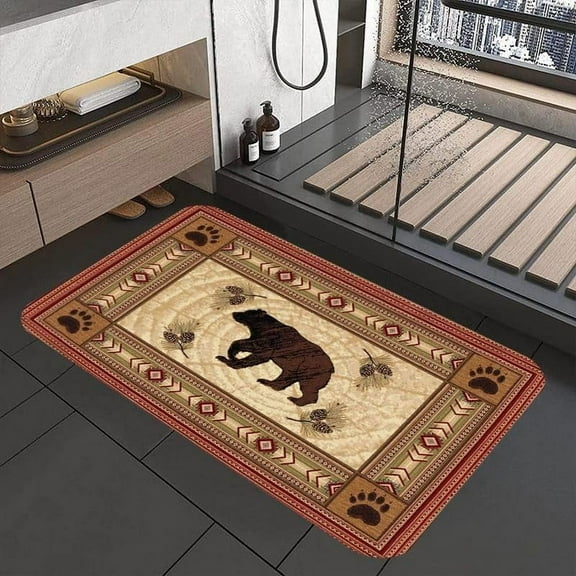 Bear Bathroom Rugs Soft Bath Rugs Non Slip, Animal Black Bear Forest Trees Rustic Cabin Washable Cover Floor Rug Absorbent Carpets Floor Mat Home Decor for Kitchen Bedroom…