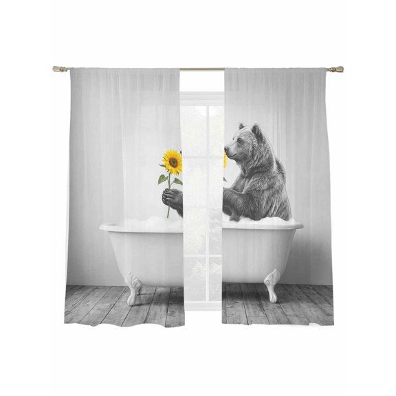 Bear Bathtub Sheer Curtains 2 Panels Set Vintage Black White Bear Bathing Yellow Sunflower Sheer Window Curtains Light Filtering Rod Pocket Voile Drapes for Bedroom Living Room 52"x63"