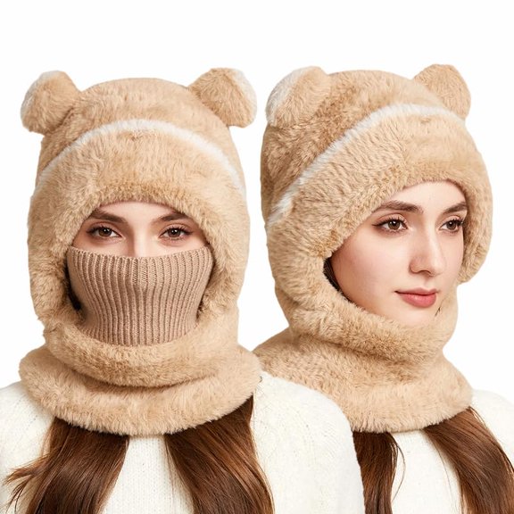 Bear Beanie Ski Mask Hat for Adults, 3-in-1 Winter Knit Hood with Ears, Plush Lined Warm Cold-Weather Cap for Head & Neck Coverage