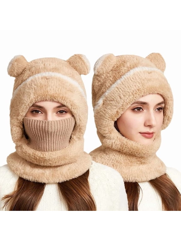 Bear Beanie Ski Mask Hat for Adults, 3-in-1 Winter Knit Hood with Ears, Plush Lined Warm Cold-Weather Cap for Head & Neck Coverage