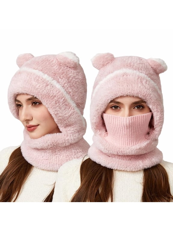 Bear Beanie for Women, Cute Warm Knitted Bear Hat Ski Mask with Scarf, 3-in-1 Winter Hooded Hat Neck Warmer for Outdoor Cold Weather
