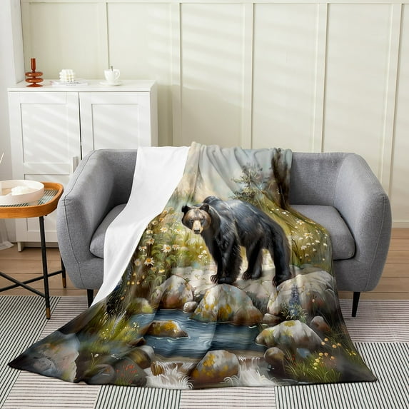 Bear Bed Blanket,Wild Animal Theme Flannel Blanket for Room Decor,Jungle River White Daisy Flowers Oil Paint Style Fleece Blanket ,Super Soft Blanket,Throw 50"x60"