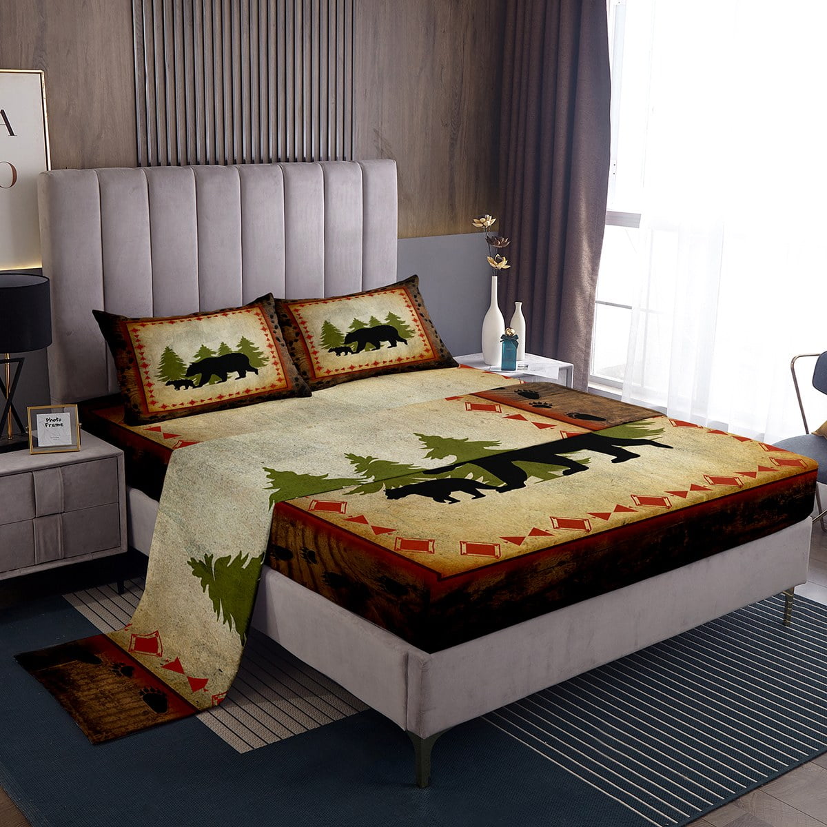 Bear Bed Sheets Set Twin Size Rustic Farmhouse Bear Wildlife Sheet Set