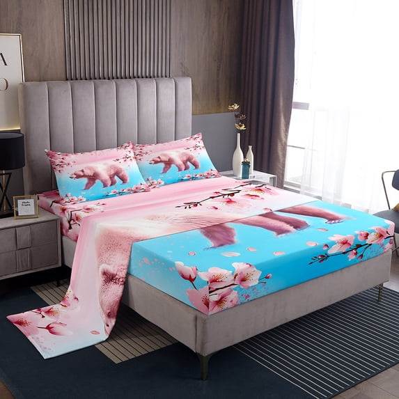 Bear Bed Sheets Set Woodland Animals King Sheet Set for Boys,Cherry Blossom Sheets Pastel Pink Teal Japan Floral Bedding Set,Japanese Flowers Kawaii Room Decor