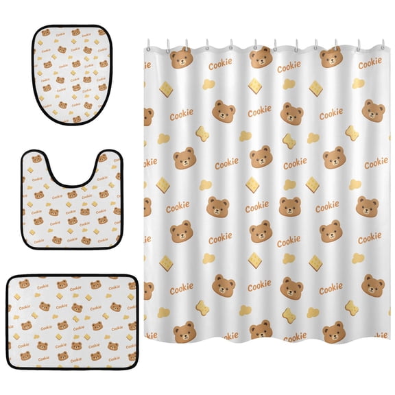 Bear Biscuits Shower Curtain Sets 4 Piece Waterproof Bathroom Set with Non Slip Mats 66x72in