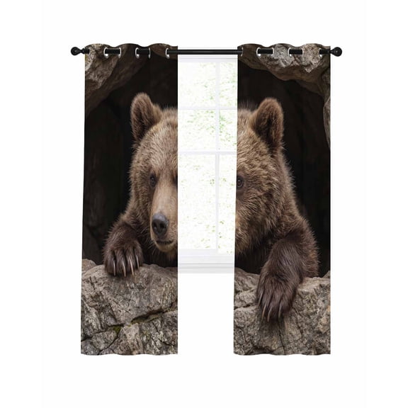 Bear Blackout Curtains for Bedroom Living Room, Country Rustic Natural Forest Rock Cave Wild Animal 96 In Long Thermal Insulated Room Darkening Drapes Grommet Window Treatments, 52 x 96 In