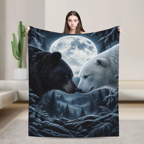 Bear Blanket Black White Bear Moon Forest Flannel Throw Blanket Gift for Bear Lovers 50x40 in