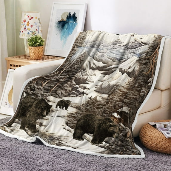 Bear Blanket, Brown Mountain Woodland black bear Throw Blanket Forest Animal Bedding Decor Soft Flannel Prints Cozy and Warm For Winter Fall, Bed Sofa 60X50inch
