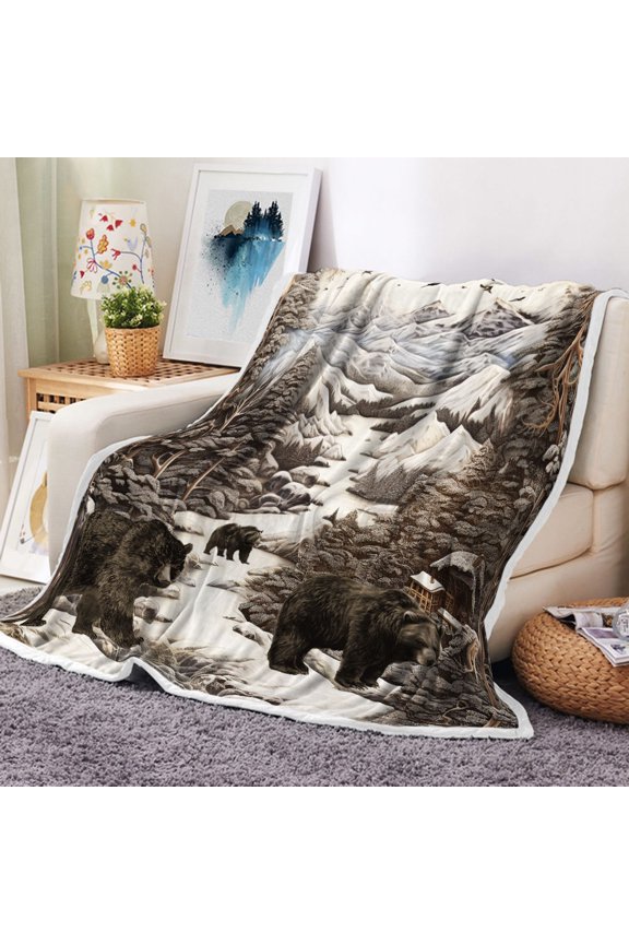 Bear Blanket, Brown Mountain Woodland black bear Throw Blanket Forest Animal Bedding Decor Soft Flannel Prints Cozy and Warm For Winter Fall, Bed Sofa 60X50inch