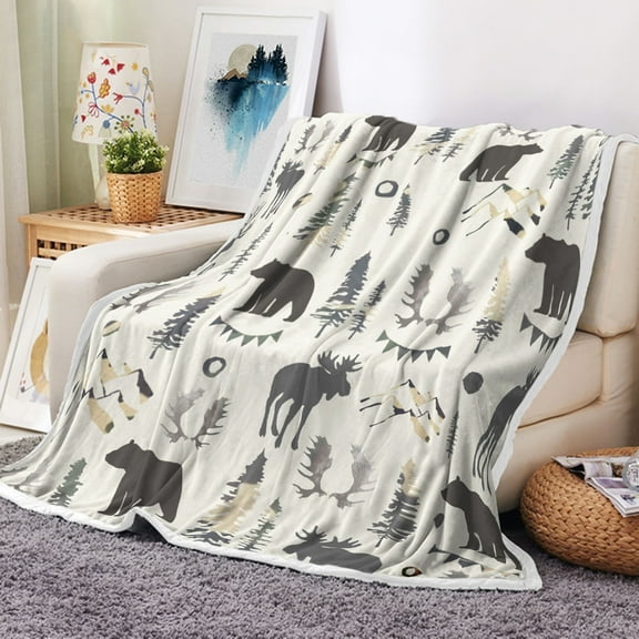 Bear Blanket, Mountain Woodland Animal Throw Blanket Grey Elk Antler Pine Tree Deer Forest Bedding Decor Soft Flannel Prints Cozy and Warm For Winter Fall, Bed Sofa 60X50inch