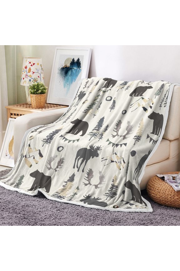 Bear Blanket, Mountain Woodland Animal Throw Blanket Grey Elk Antler Pine Tree Deer Forest Bedding Decor Soft Flannel Prints Cozy and Warm For Winter Fall, Bed Sofa 60X50inch