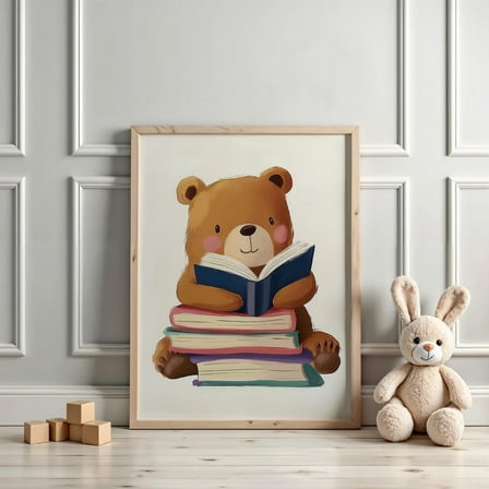 Bear With Books, Kids Room Art, Reading Corner Art, Kids Reading Children Educational Reading, Homeschool Decor, Wall Art, Modern Wall Decor, 8x12 UNFRAMED