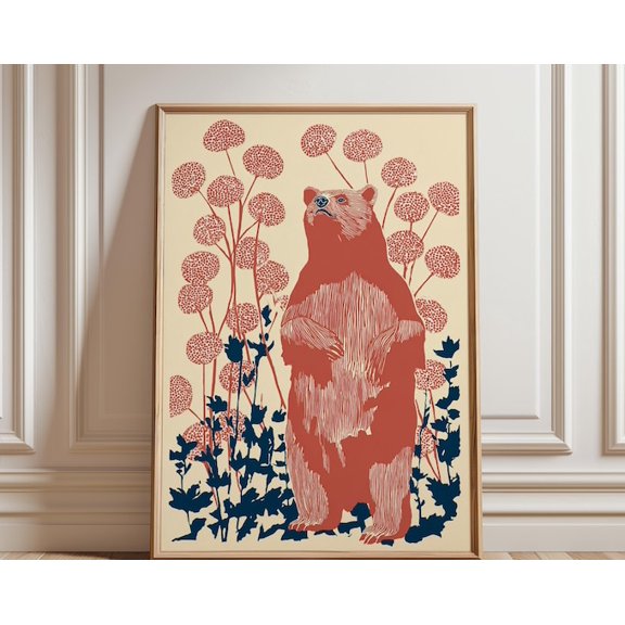 Bear Botanical Red Blue Wildlife Wall Art Print, Unframed Paper Poster 24x36in