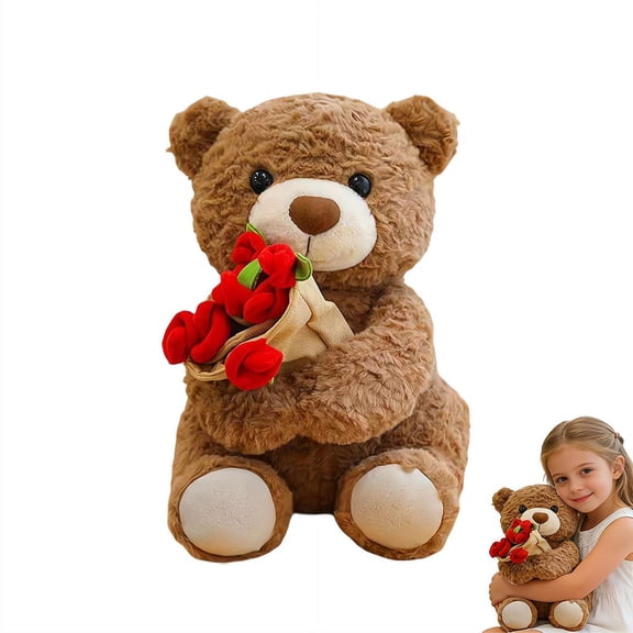 Bear with Bouquet, 11.8/15 inch Rose Plush Bear Stuffed Animal Holding Flowers, Romantic Valentines Gifts for Girlfriend, Wife, Mom, Perfect Birthday Christmas