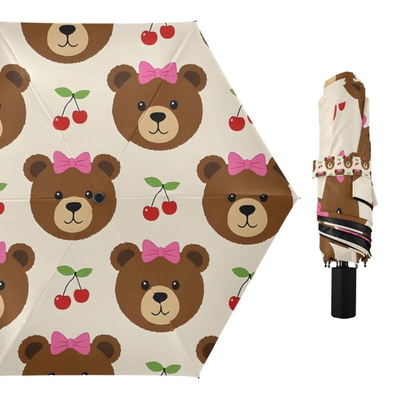 Bear Bow Cherry Compact Sun Umbrella Windproof Travel Umbrellas for Rain Strong Portable UV Protection