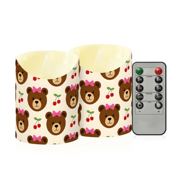 Bear Bow Cherry Pattern Flameless Candles 2 PCS with Remote Realistic Moving Flame LED Tapered Pillar Set for Home Decor