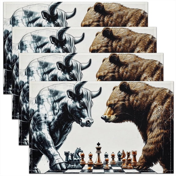 Bear and Bull Placemats for Dining Table,International Chess Geometric Plaids Grids Patchwork Waterproof Table Place Mat for Party,Nature Wild Animal War Theme 12"x18" Table Mats Set of 4