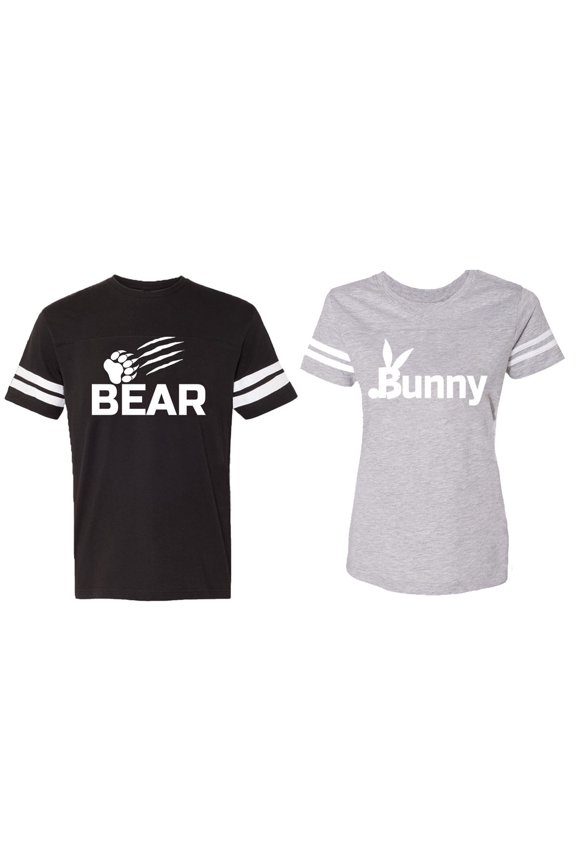 Bear Bunny Matching Couple Cotton Jerseys (Men Black / Women Heather) (Men M / Women M)