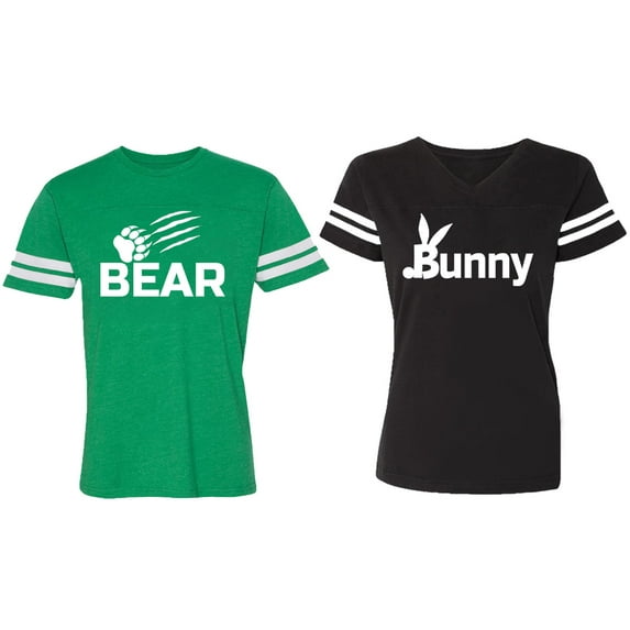 Bear Bunny Matching Couple Cotton Jerseys (Men Green / Women Black) (Men S / Women S)
