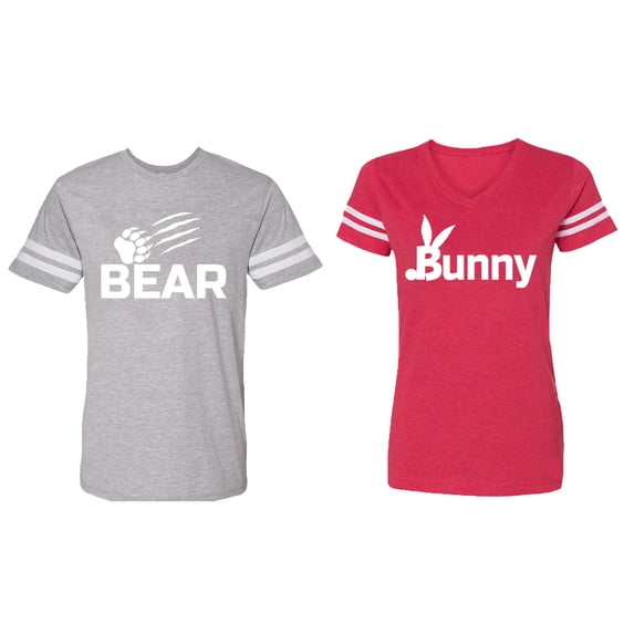 Bear Bunny Matching Couple Cotton Jerseys (Men Heather / Women Red) (Men L / Women XXL)