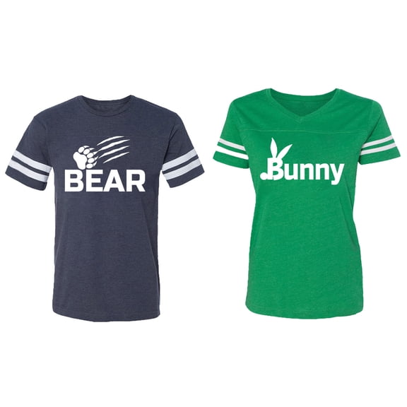 Bear Bunny Matching Couple Cotton Jerseys (Men Navy / Women Green) (Men L / Women L)