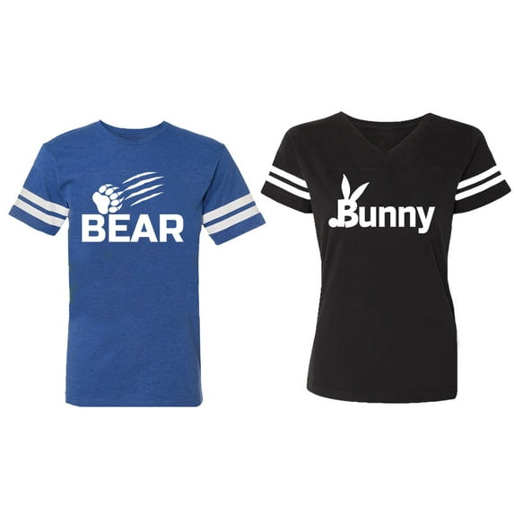 Bear Bunny Matching Couple Cotton Jerseys (Men Royal / Women Black) (Men S / Women S)