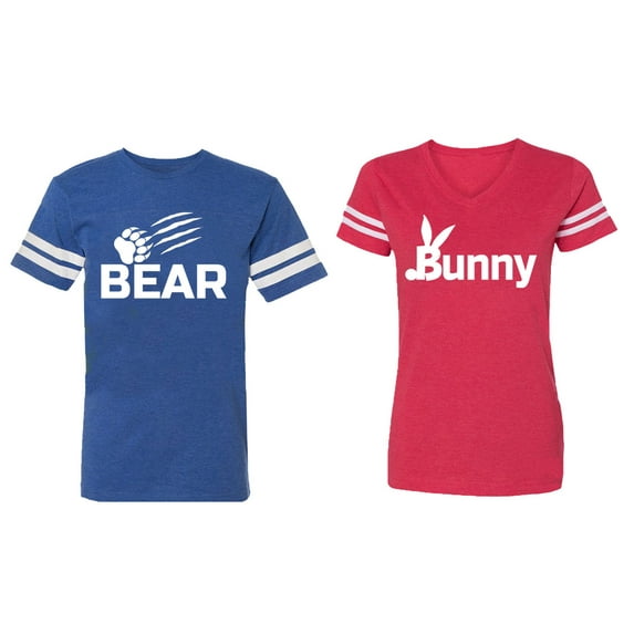Bear Bunny Matching Couple Cotton Jerseys (Men Royal / Women Red) (Men S / Women XL)