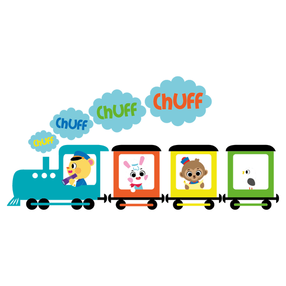 Bear Bunny Rabbit Monkey & Bird Animal Train Kids Bedroom Vinyl Decoration 10" x 20" Steam Locomotive Smoke Chuff Lettering Art Design Vinyl Nursery Playroom Wall Decal Sticker