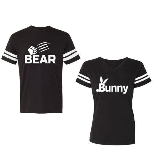 Bear Bunny Unisex Couple Matching Cotton Jersey style T-Shirt Contrasting stripes on sleeves (Men Black / Women Black) (Men XXL / Women L)
