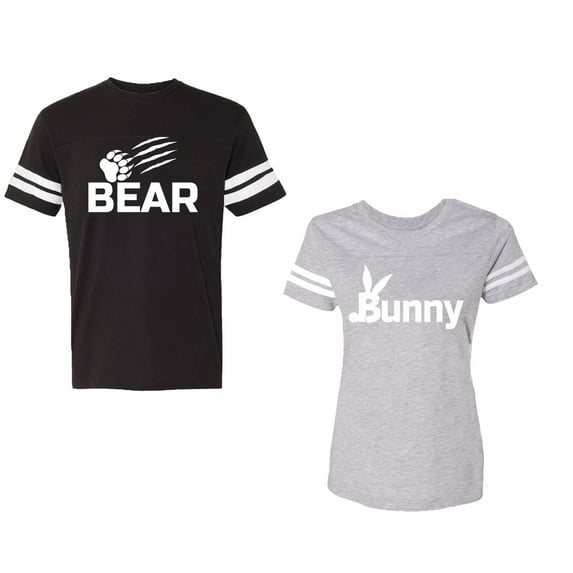 Bear Bunny Unisex Couple Matching Cotton Jersey style T-Shirt Contrasting stripes on sleeves (Men Black / Women Heather) (Men XL / Women L)