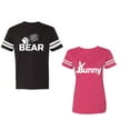 thumbnail image 1 of Bear Bunny Unisex Couple Matching Cotton Jersey style T-Shirt Contrasting stripes on sleeves (Men Black / Women Pink) (Men XL / Women L), 1 of 3