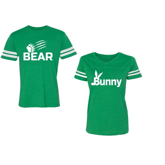 Bear Bunny Unisex Couple Matching Cotton Jersey style T-Shirt Contrasting stripes on sleeves (Men Green / Women Green) (Men M / Women L)