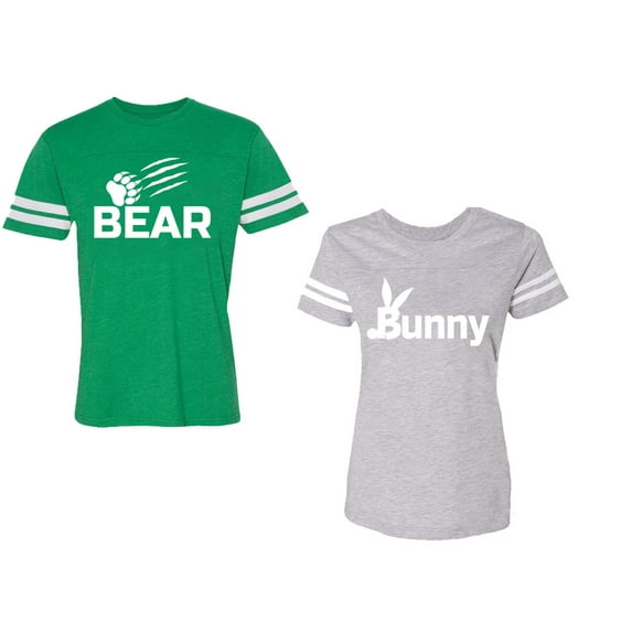 Bear Bunny Unisex Couple Matching Cotton Jersey style T-Shirt Contrasting stripes on sleeves (Men Green / Women Heather) (Men S / Women XL)