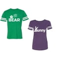 thumbnail image 1 of Bear Bunny Unisex Couple Matching Cotton Jersey style T-Shirt Contrasting stripes on sleeves (Men Green / Women Purple) (Men XXL / Women M), 1 of 3