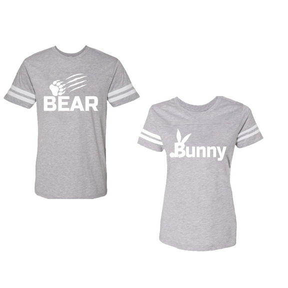 Bear Bunny Unisex Couple Matching Cotton Jersey style T-Shirt Contrasting stripes on sleeves (Men Heather / Women Heather) (Men L / Women M)