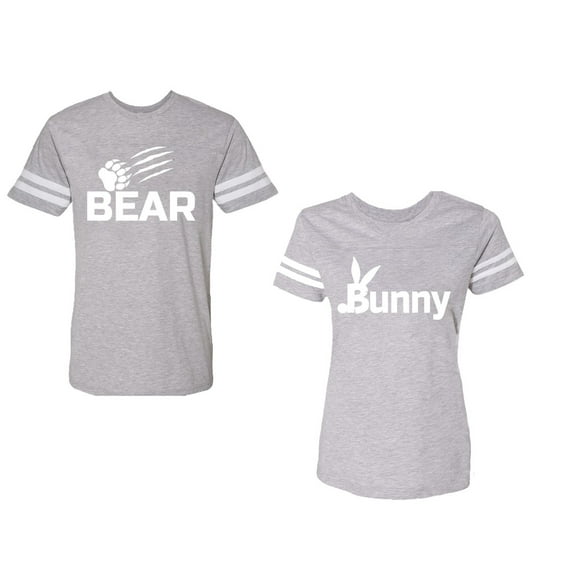 Bear Bunny Unisex Couple Matching Cotton Jersey style T-Shirt Contrasting stripes on sleeves (Men Heather / Women Heather) (Men M / Women XL)