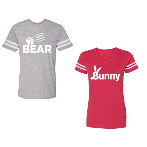 Bear Bunny Unisex Couple Matching Cotton Jersey style T-Shirt Contrasting stripes on sleeves (Men Heather / Women Red) (Men XXL / Women XL)