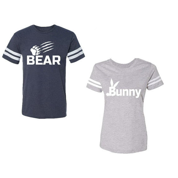 Bear Bunny Unisex Couple Matching Cotton Jersey style T-Shirt Contrasting stripes on sleeves (Men Navy / Women Heather) (Men XL / Women XXL)