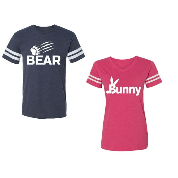 Bear Bunny Unisex Couple Matching Cotton Jersey style T-Shirt Contrasting stripes on sleeves (Men Navy / Women Pink) (Men XXL / Women L)