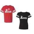 thumbnail image 1 of Bear Bunny Unisex Couple Matching Cotton Jersey style T-Shirt Contrasting stripes on sleeves (Men Red / Women Black) (Men S / Women S), 1 of 3