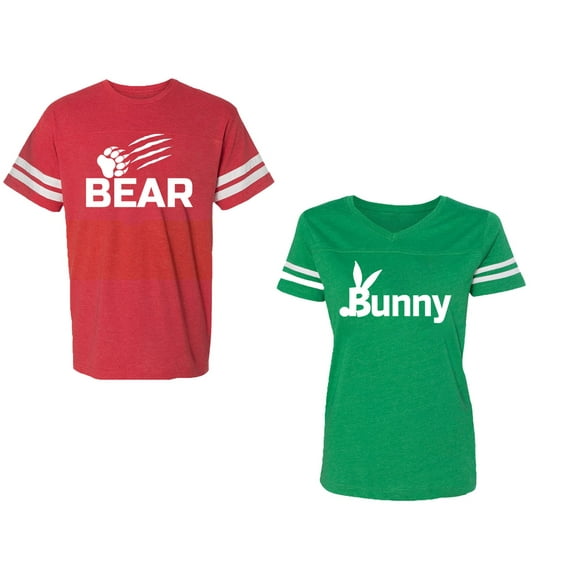 Bear Bunny Unisex Couple Matching Cotton Jersey style T-Shirt Contrasting stripes on sleeves (Men Red / Women Green) (Men L / Women M)