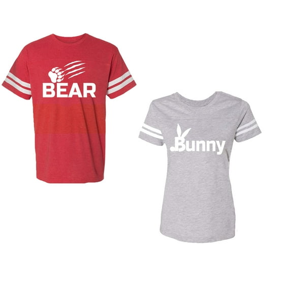 Bear Bunny Unisex Couple Matching Cotton Jersey style T-Shirt Contrasting stripes on sleeves (Men Red / Women Heather) (Men L / Women XL)