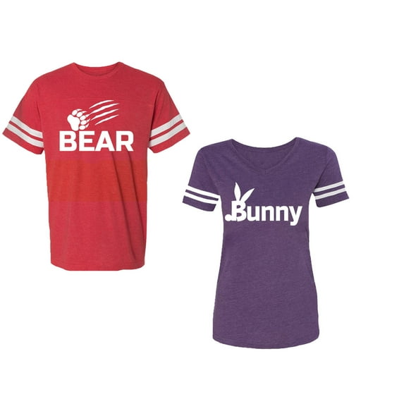 Bear Bunny Unisex Couple Matching Cotton Jersey style T-Shirt Contrasting stripes on sleeves (Men Red / Women Purple) (Men XL / Women XL)