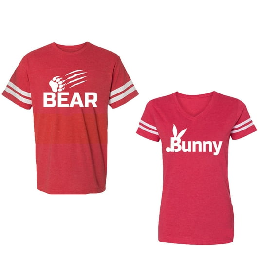 Bear Bunny Unisex Couple Matching Cotton Jersey style T-Shirt Contrasting stripes on sleeves (Men Red / Women Red) (Men L / Women L)