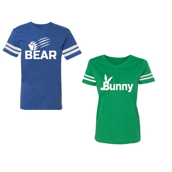Bear Bunny Unisex Couple Matching Cotton Jersey style T-Shirt Contrasting stripes on sleeves (Men Royal / Women Green) (Men XXL / Women L)