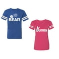 thumbnail image 1 of Bear Bunny Unisex Couple Matching Cotton Jersey style T-Shirt Contrasting stripes on sleeves (Men Royal / Women Pink) (Men XL / Women XXL), 1 of 3