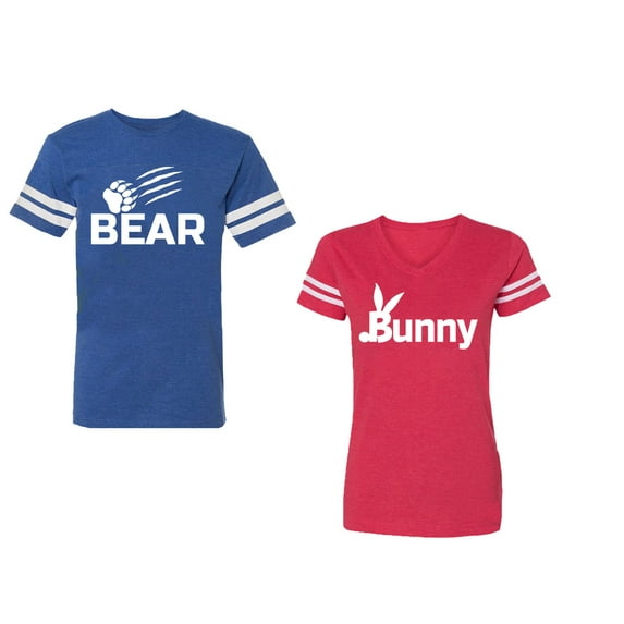 Bear Bunny Unisex Couple Matching Cotton Jersey style T-Shirt Contrasting stripes on sleeves (Men Royal / Women Red) (Men M / Women M)
