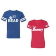thumbnail image 1 of Bear Bunny Unisex Couple Matching Cotton Jersey style T-Shirt Contrasting stripes on sleeves (Men Royal / Women Red) (Men XL / Women M), 1 of 3